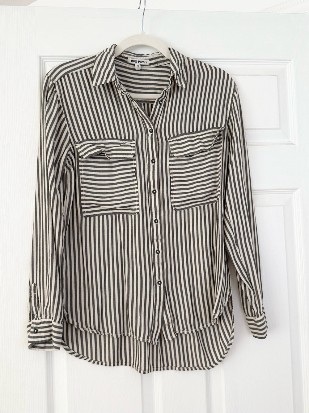 RAG POETS Black & Ivory Striped Button-Up Shirt